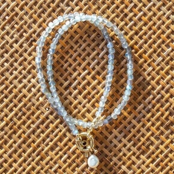 Labradorite Beaded Necklace w/ Gold Toggle Clasp + Removable Pearl BEAUTIFUL - Picture 2 of 15